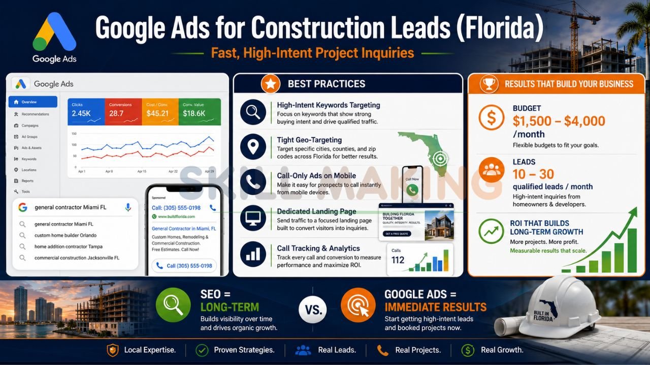 Google Ads strategy infographic for generating high-intent construction leads in Florida.
