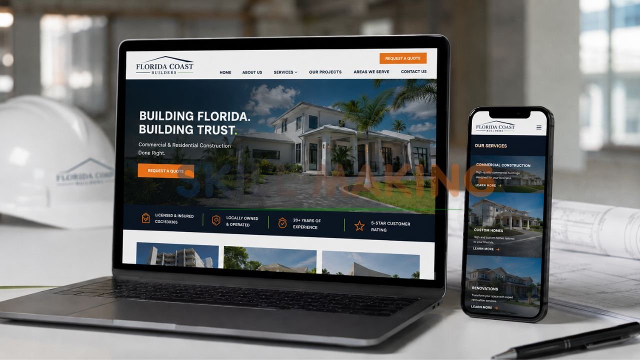 Modern responsive website design for a Florida construction company displayed on laptop and mobile devices.
