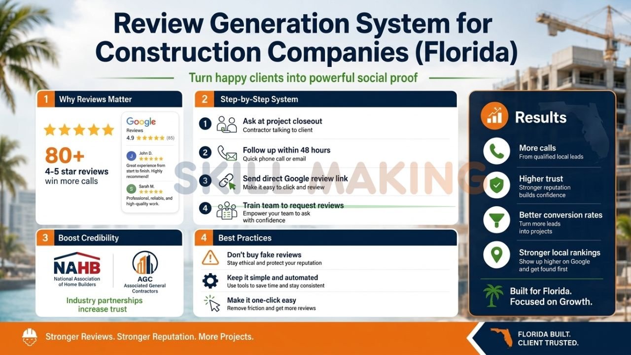Infographic showing a review generation system for Florida construction companies to increase trust and local leads.