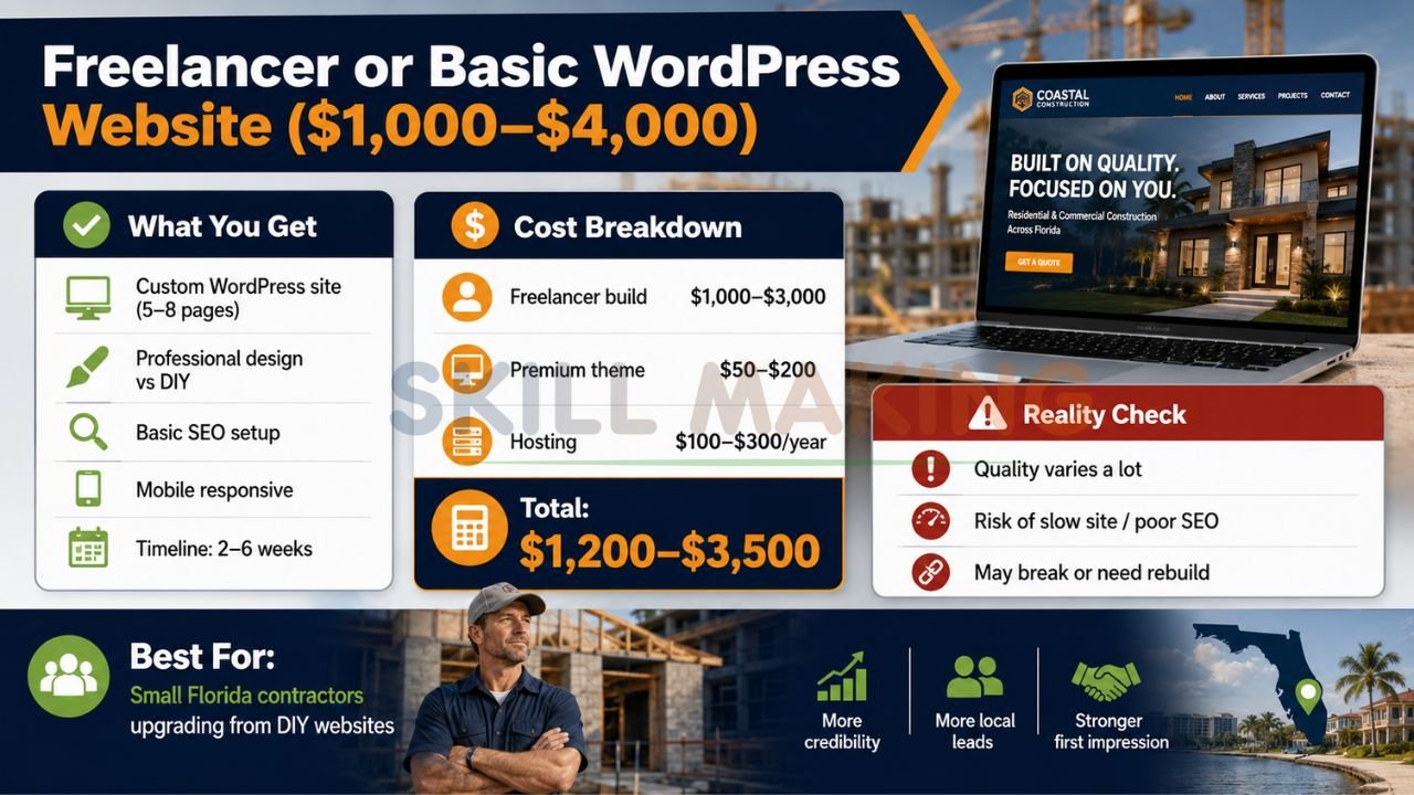 Pricing infographic comparing freelancer and basic WordPress website costs for Florida contractors.