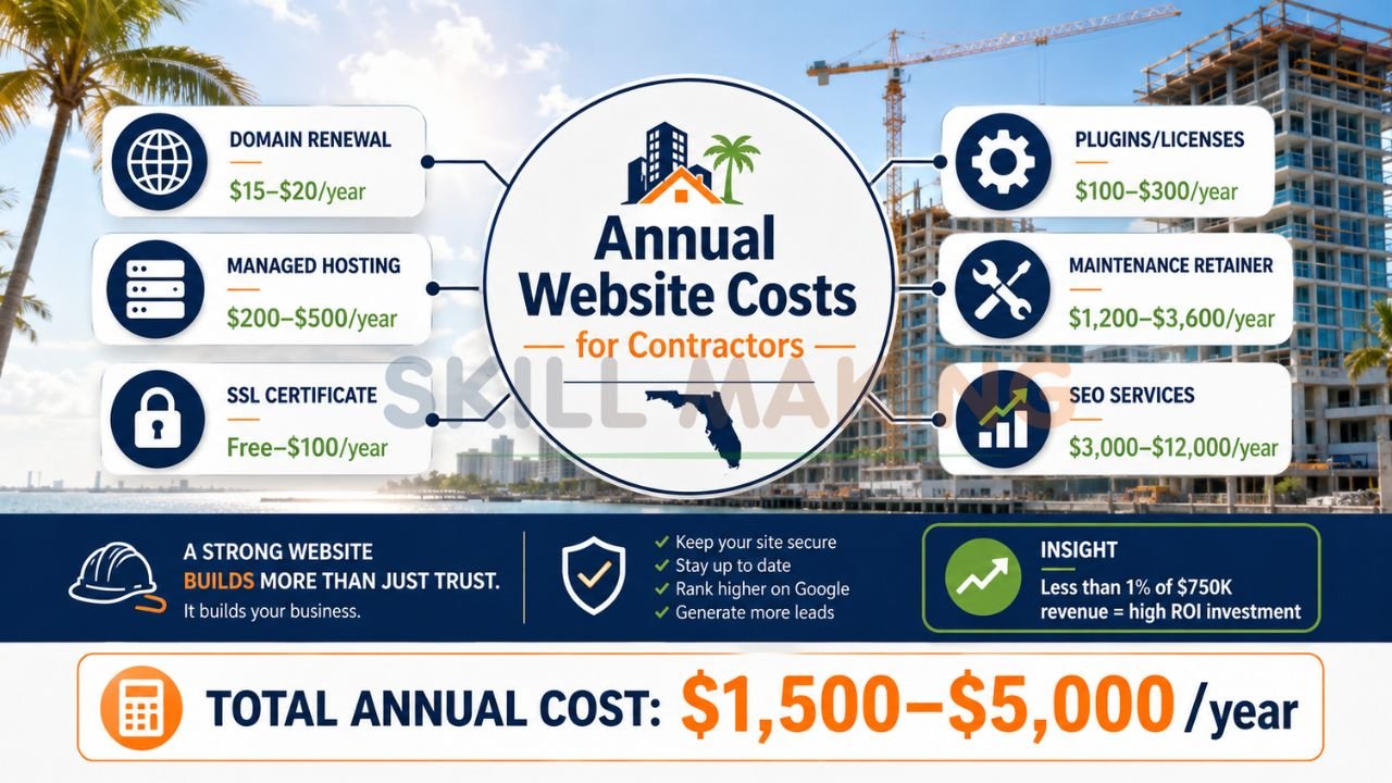 Infographic showing annual website costs for contractors including hosting, SEO, maintenance, and domain renewal.