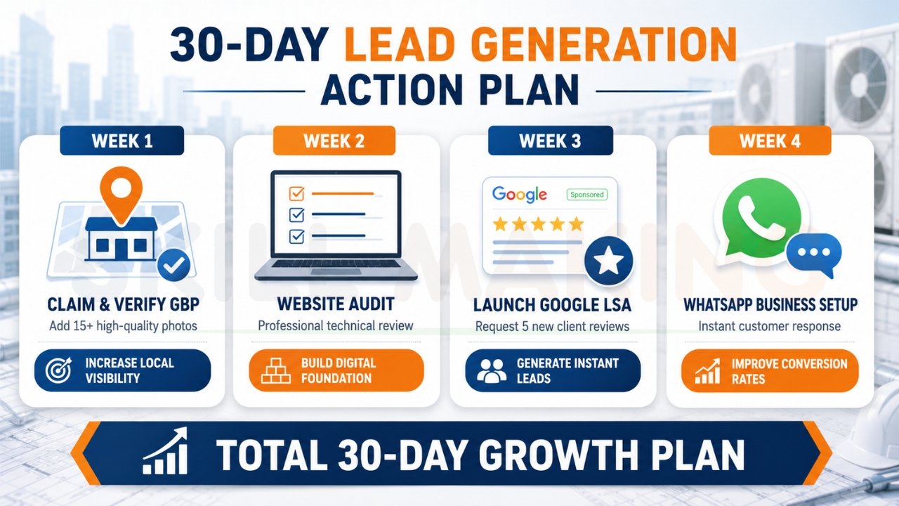 30-day construction lead generation action plan infographic