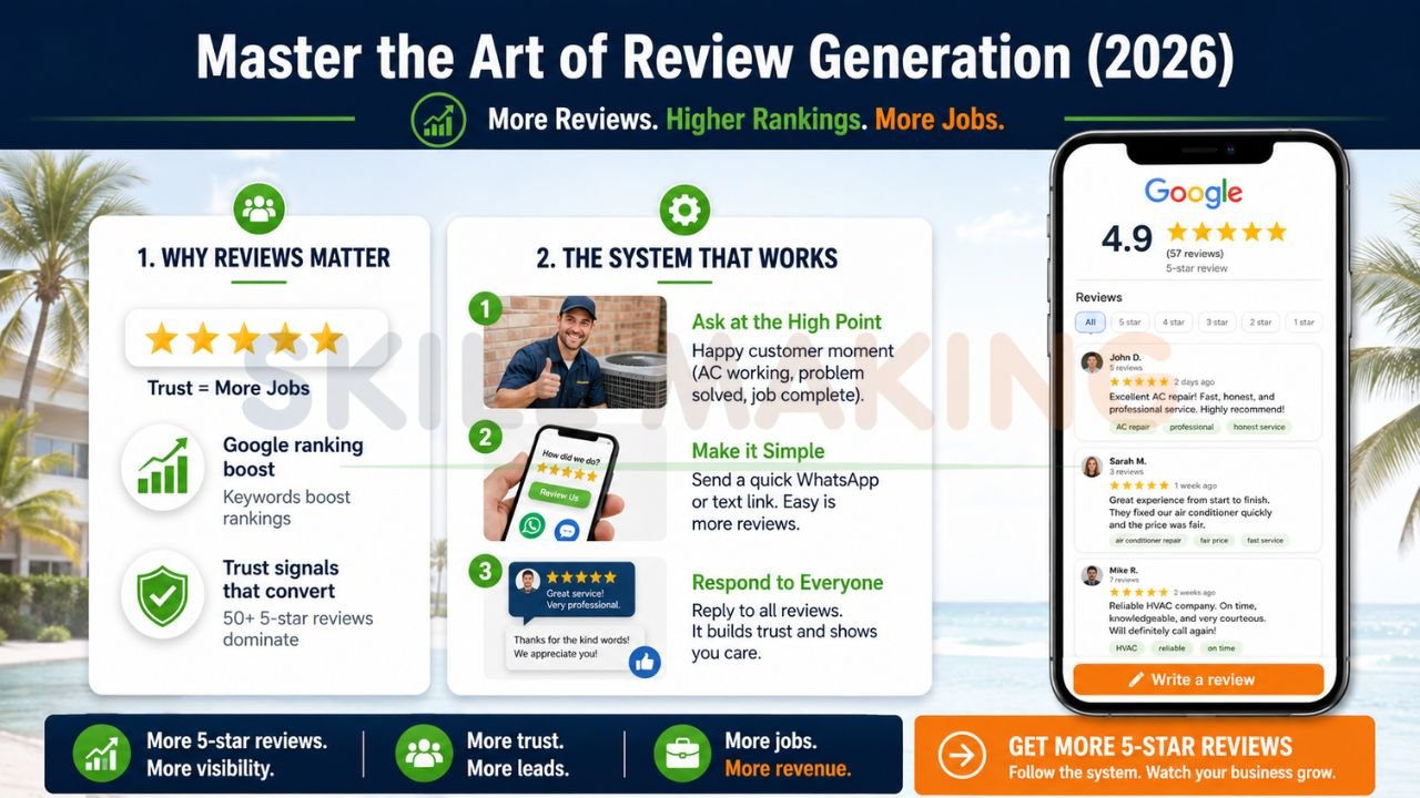 Google review generation strategy infographic showing customer reviews, HVAC service reputation management, 5-star ratings, and local SEO ranking growth