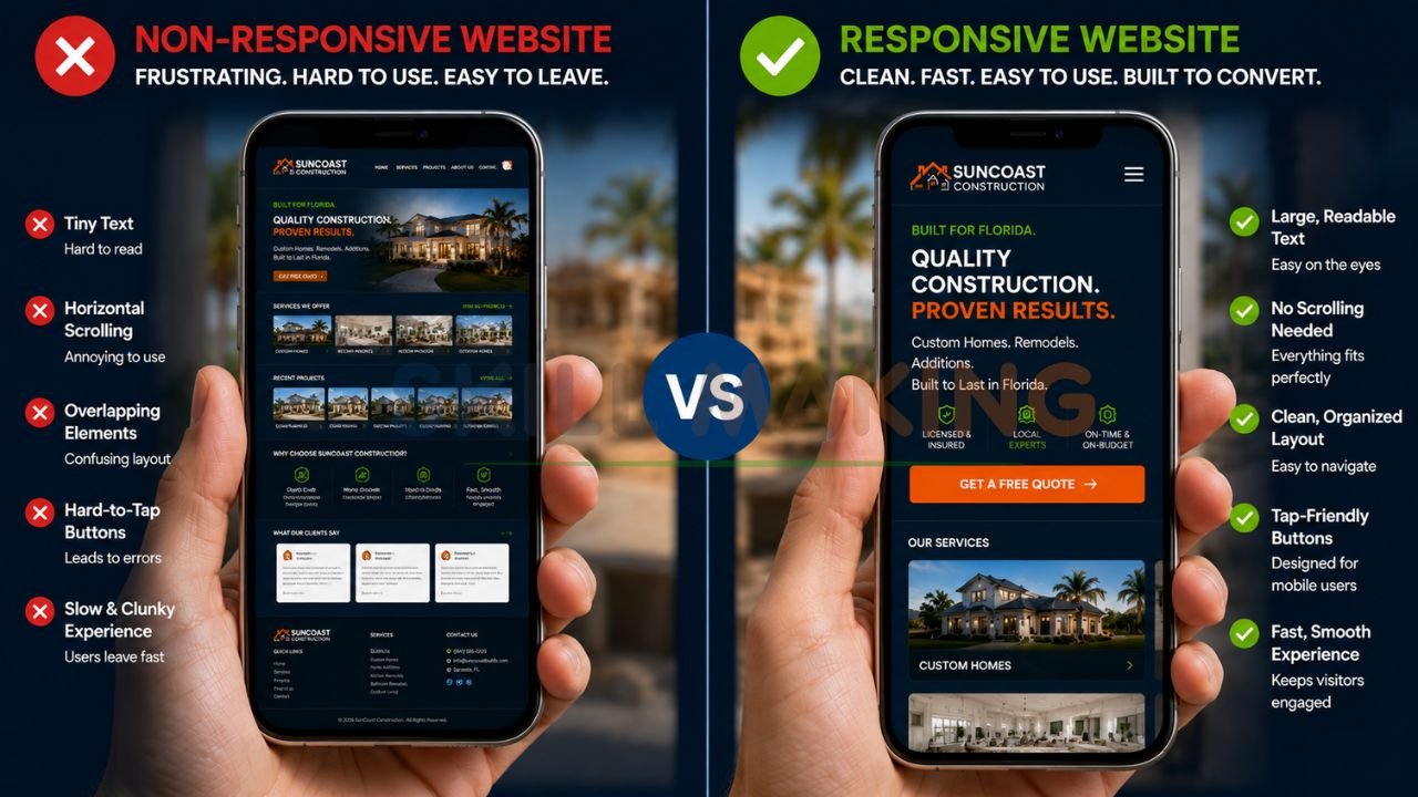Side-by-side comparison of frustrating non-responsive website versus smooth responsive website on smartphone