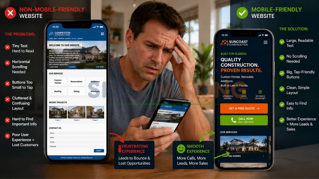 Frustrated user struggling with a poorly designed non-mobile-friendly website