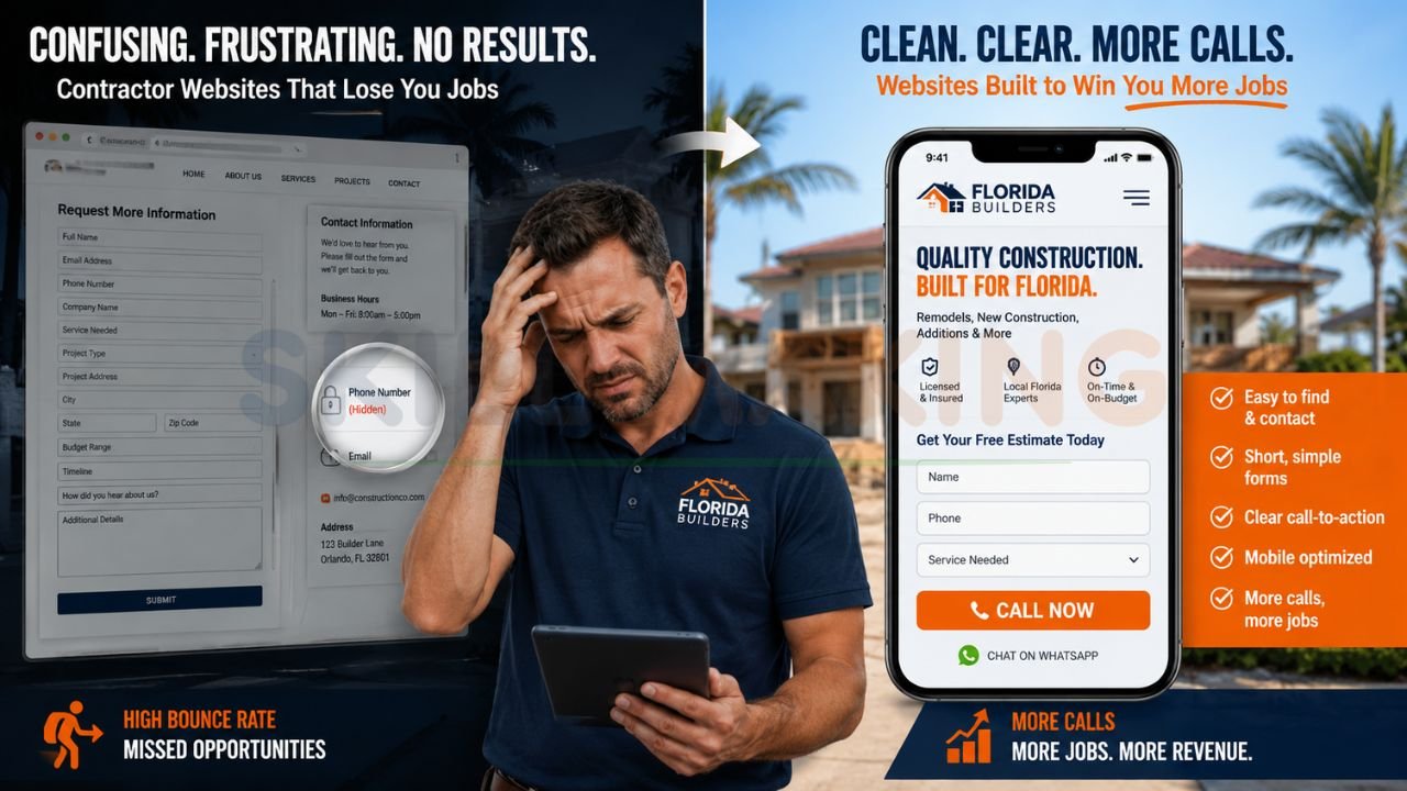 Comparison of a poor contractor website versus a mobile-optimized construction website with strong call-to-action buttons