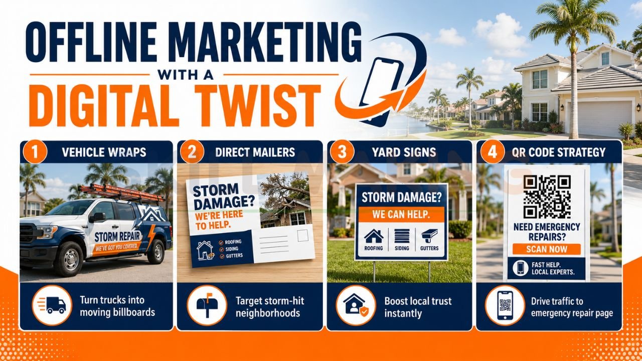 Offline roofing marketing strategies in Florida using vehicle wraps, yard signs, direct mailers, and QR code lead generation