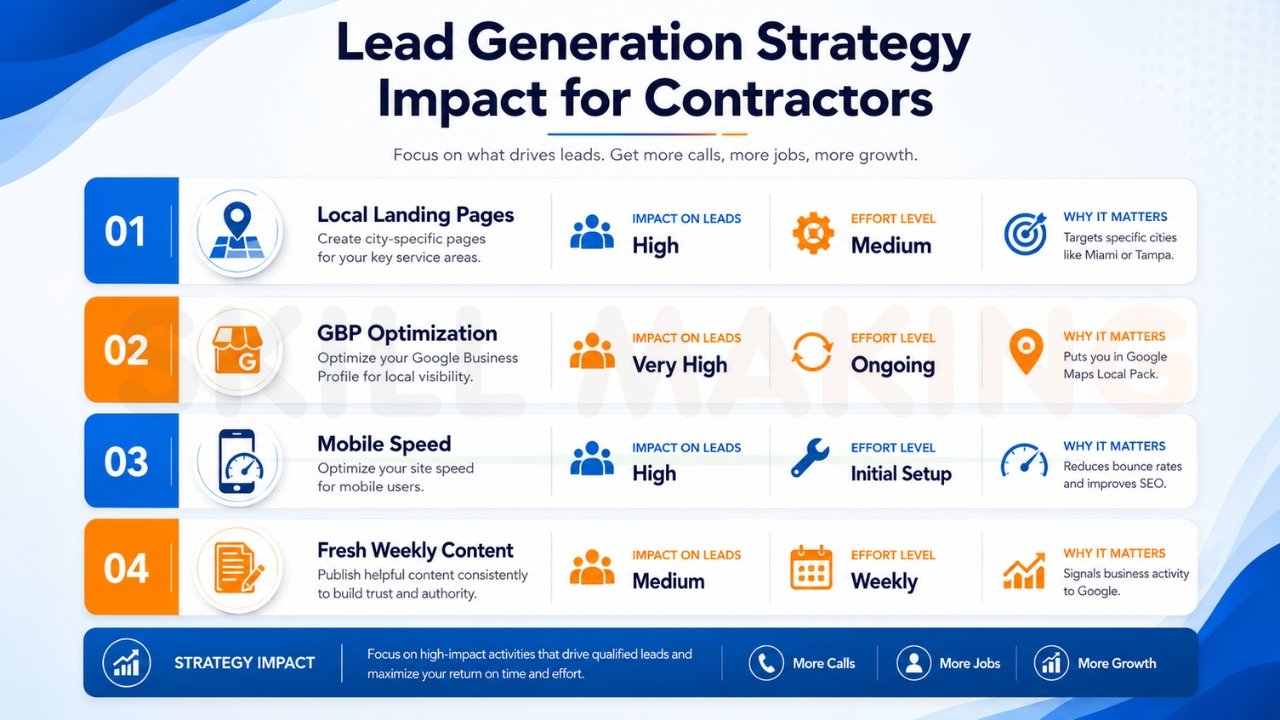 Lead generation strategy infographic for contractors showing local landing pages, GBP optimization, mobile speed, and content marketing tactics