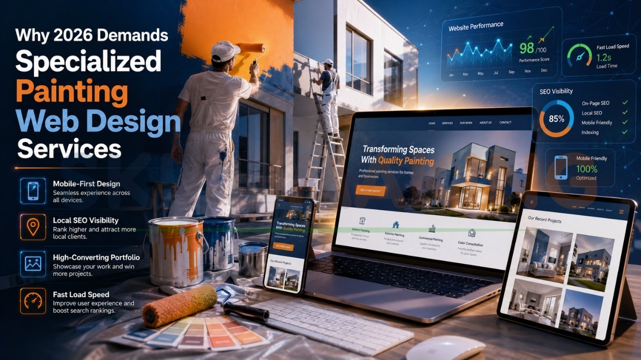 Specialized painting web design services infographic showing mobile-first design, local SEO, fast loading speed, and portfolio-focused contractor website