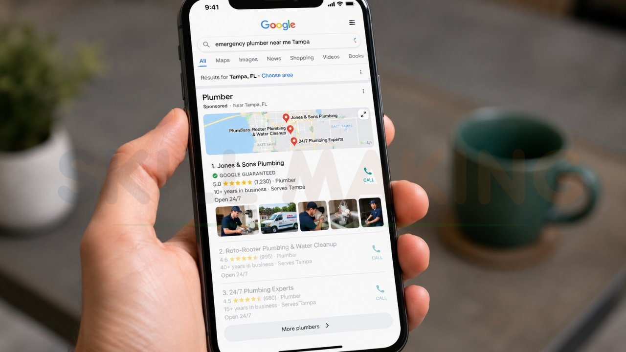 Google search results for emergency plumber near Tampa showing local business listings