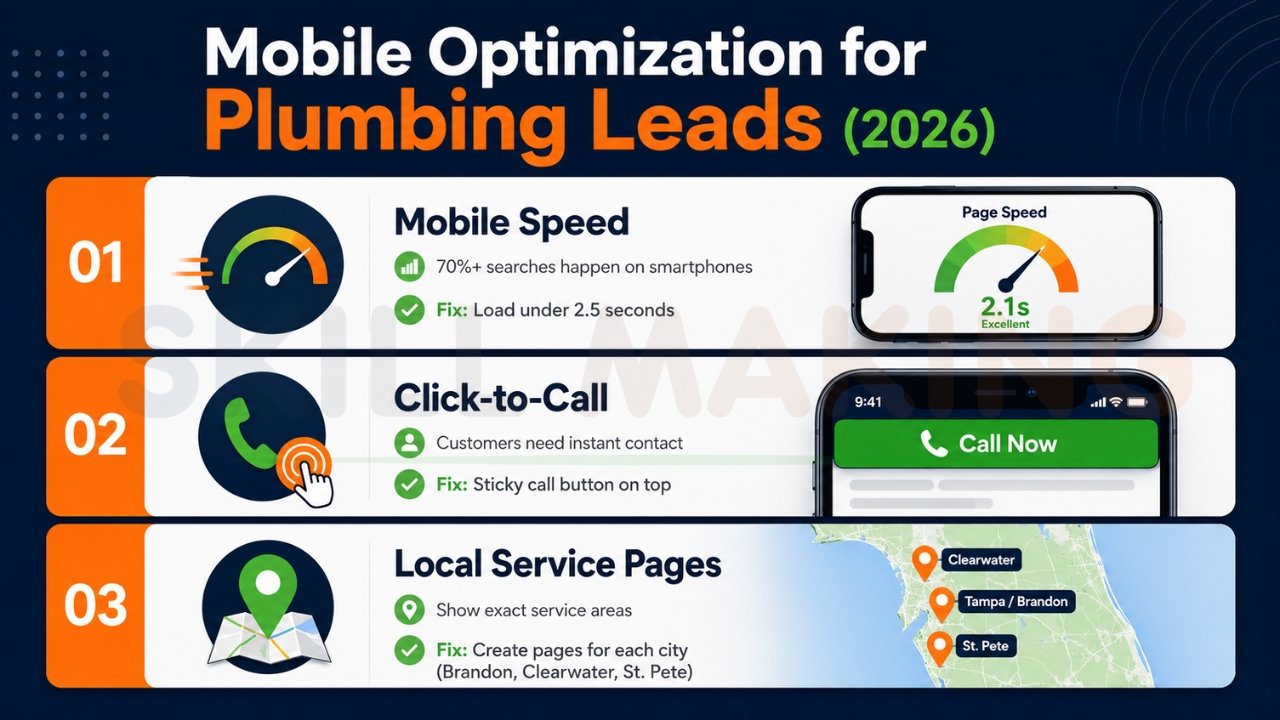 Mobile optimization tips for plumbing leads showing speed, click-to-call, and local SEO