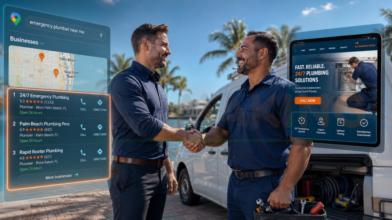 Local SEO for plumbers showing Google map rankings, reviews, and website conversions