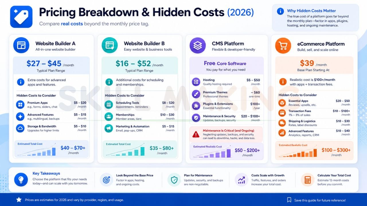 Infographic comparing website builder pricing, hidden costs, WordPress CMS expenses, and eCommerce platform monthly costs in 2026