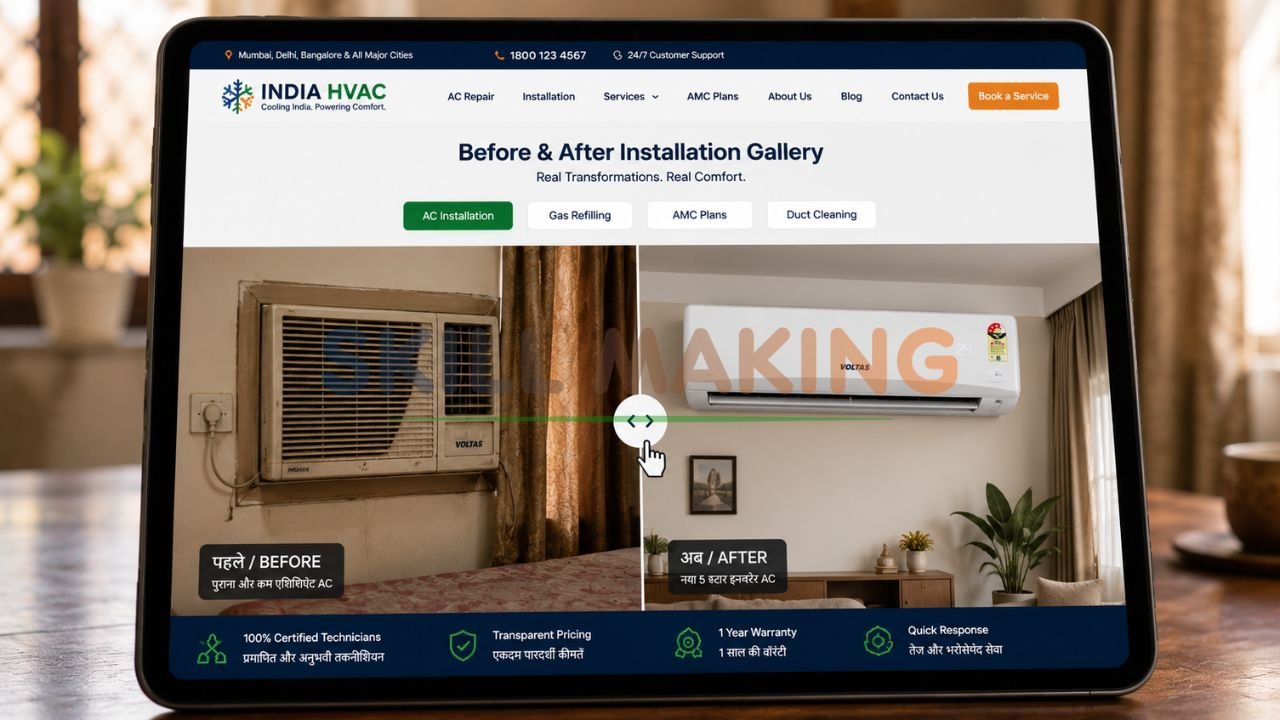 Before and after AC installation photos on professional HVAC website for Indian contractors