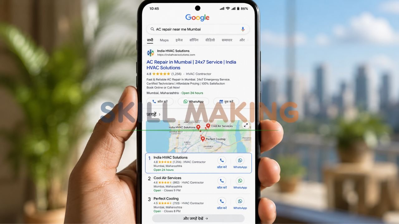 Google search results for “AC repair near me Mumbai” showing HVAC contractor ranking in India