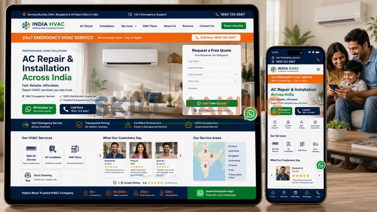 Full professional HVAC website for India with WhatsApp buttons, testimonials and quote form