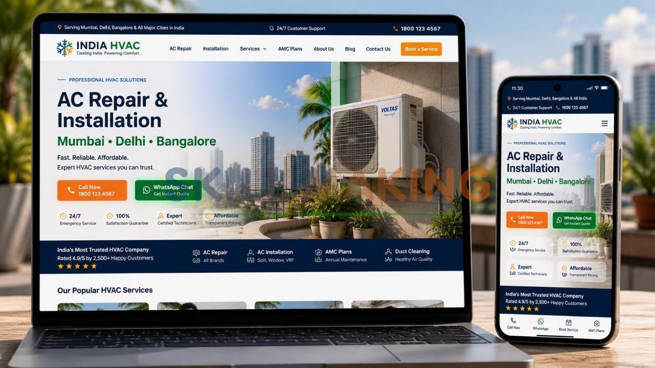 Modern HVAC company website mockup for India on laptop and mobile with WhatsApp button and Indian city background