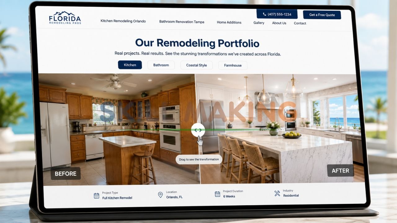 Before and after kitchen remodeling slider on professional Florida contractor website portfolio