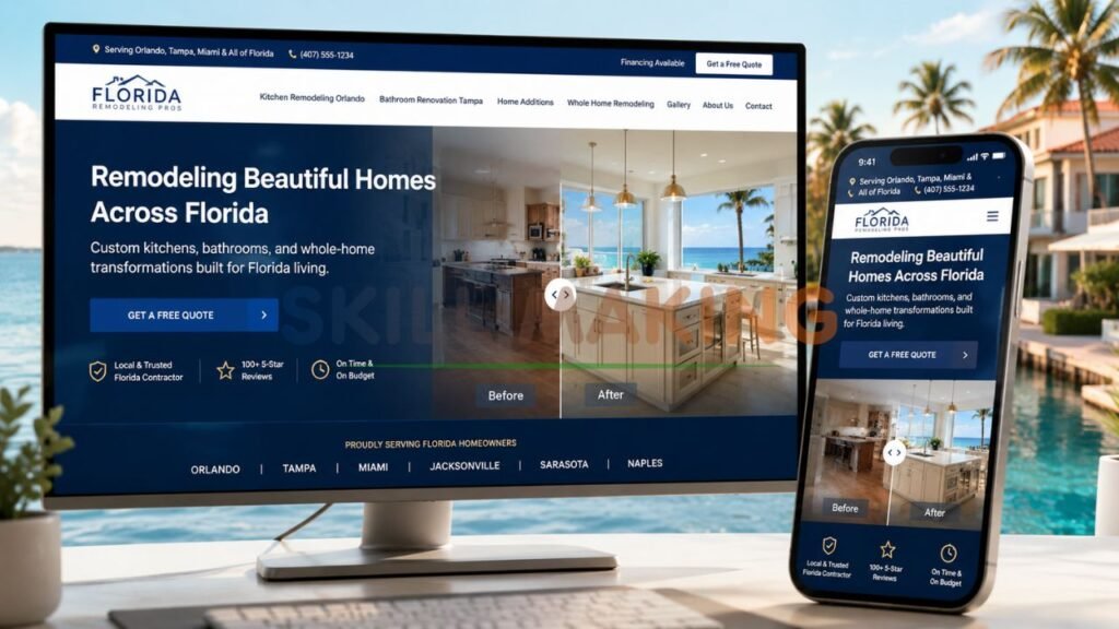 Professional Florida remodeling contractor website design displayed on laptop and smartphone with sunny coastal home background