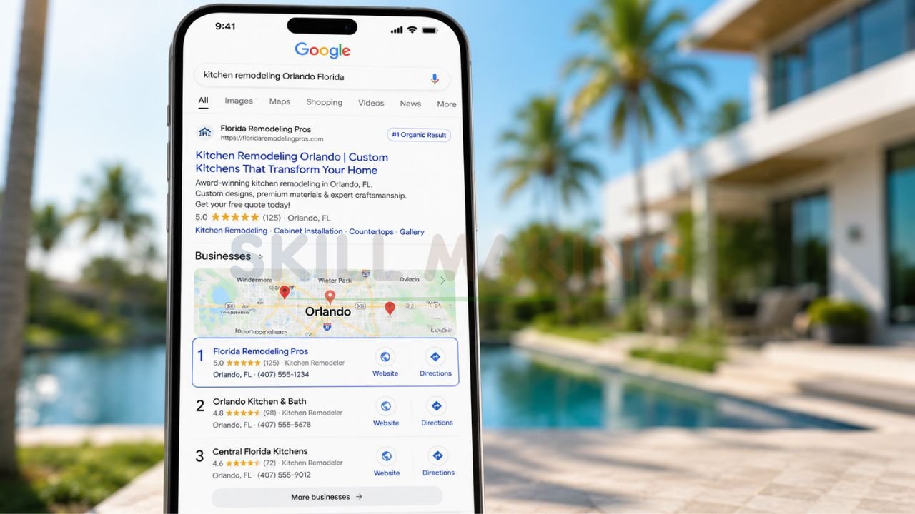Google search results and Map Pack showing Florida remodeling contractor ranking #1 for “kitchen remodeling Orlando”