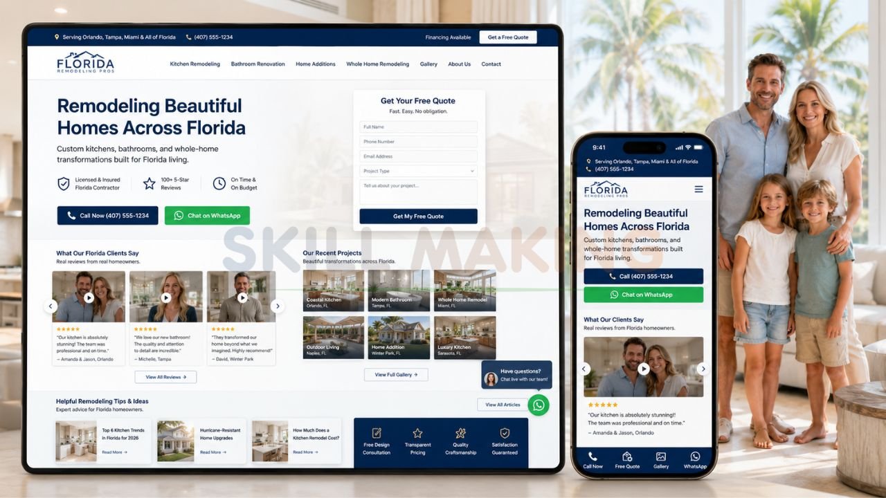 Complete Florida remodeling contractor website showing testimonials, quote form, click-to-call buttons and client reviews