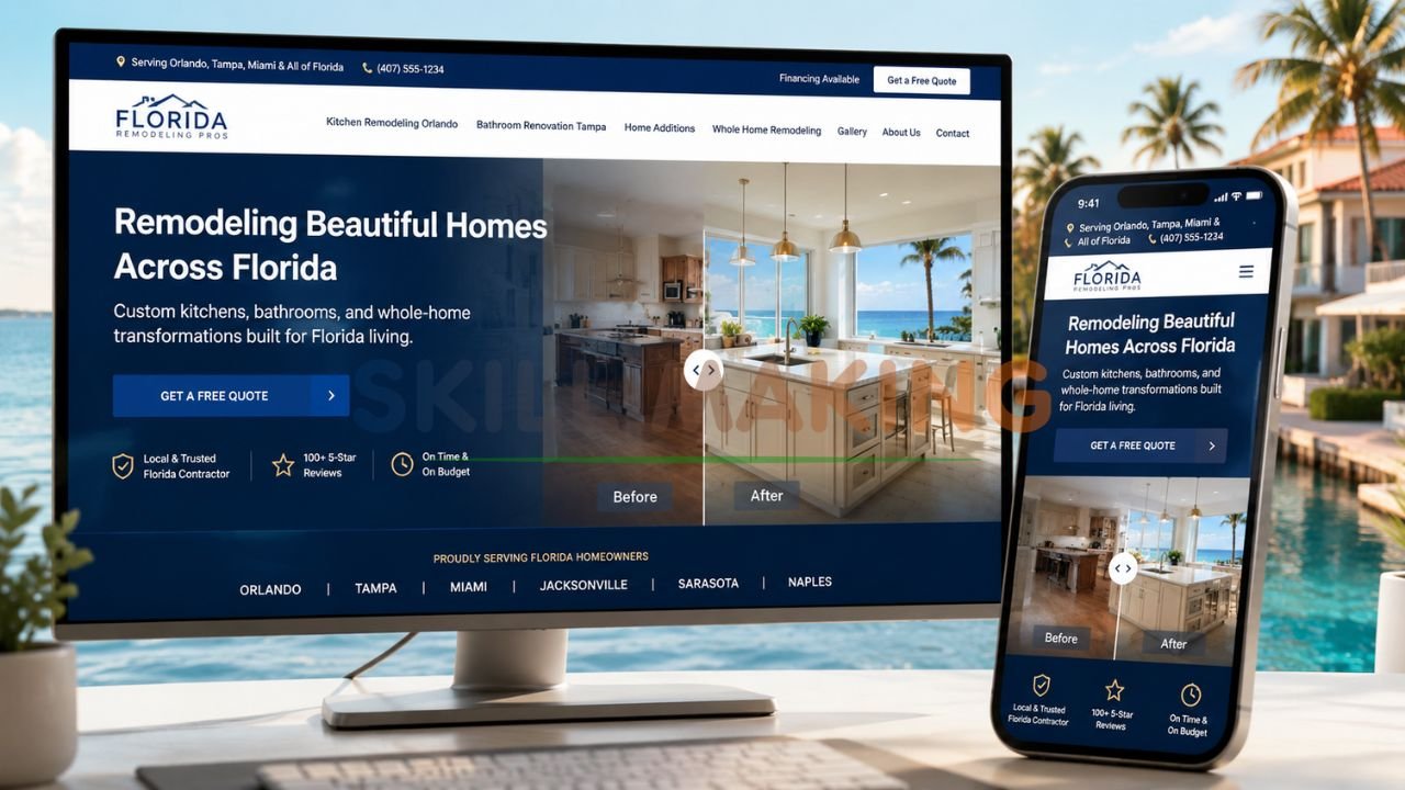 Professional Florida remodeling contractor website design displayed on laptop and smartphone with sunny coastal home background