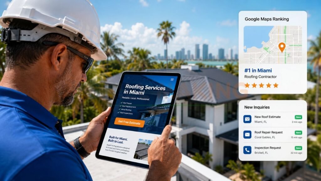 Roofing contractor using tablet with Google Maps rankings and new customer inquiries in Miami