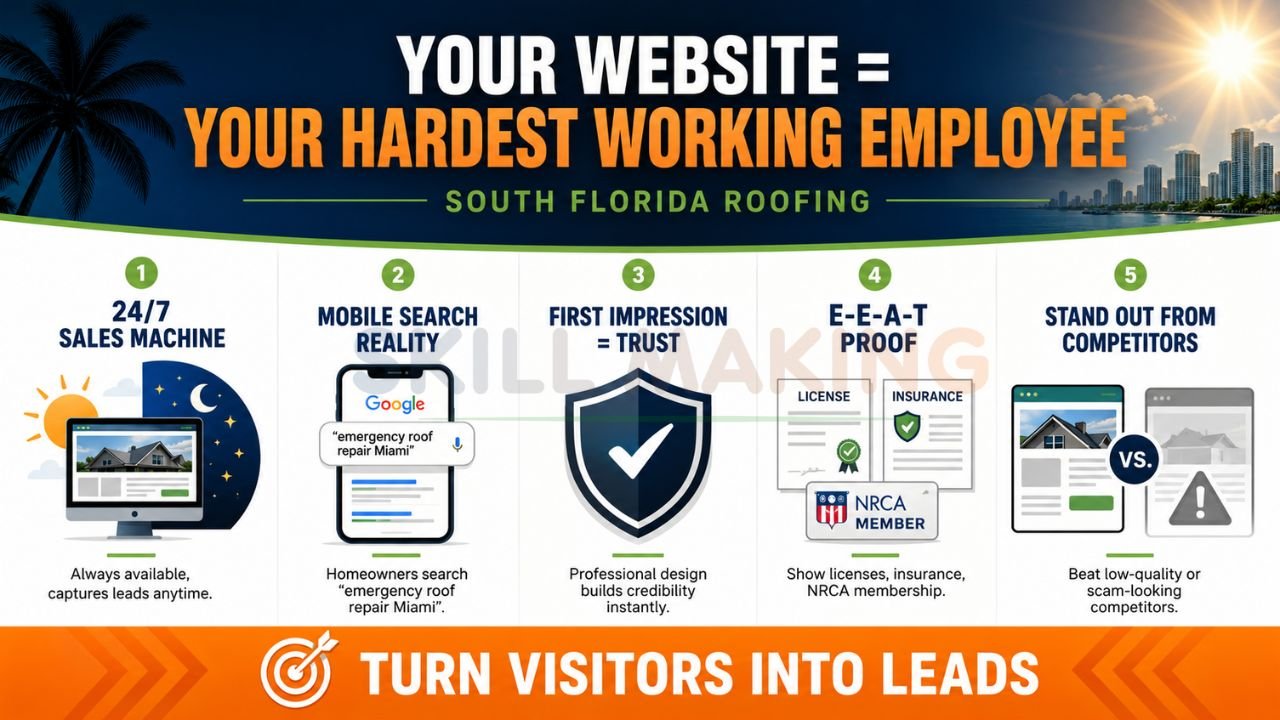 Roofing contractor website marketing infographic explaining lead generation and trust-building strategies