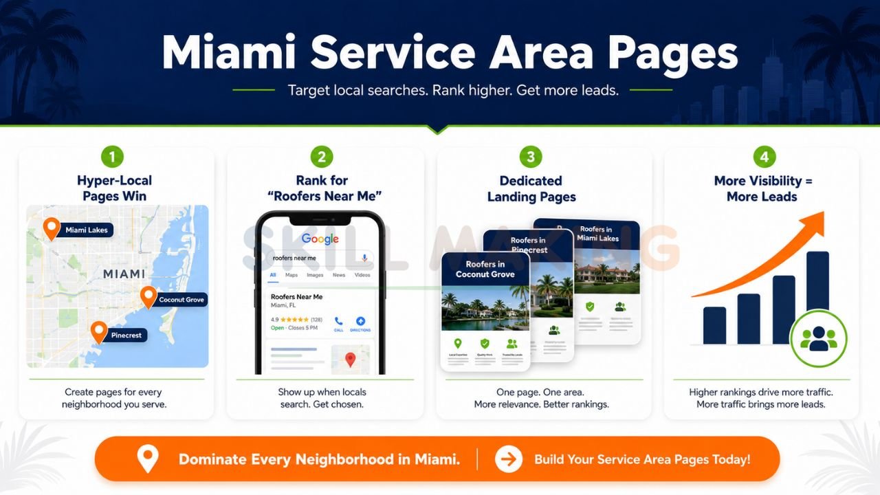 Hyper-local service area landing page infographic for Miami roofing and contractor SEO