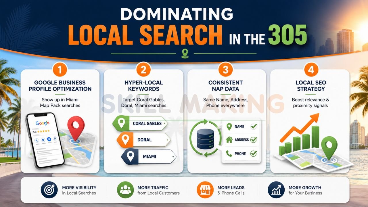 Miami local SEO infographic showing Google Business Profile optimization and hyper-local keyword targeting
