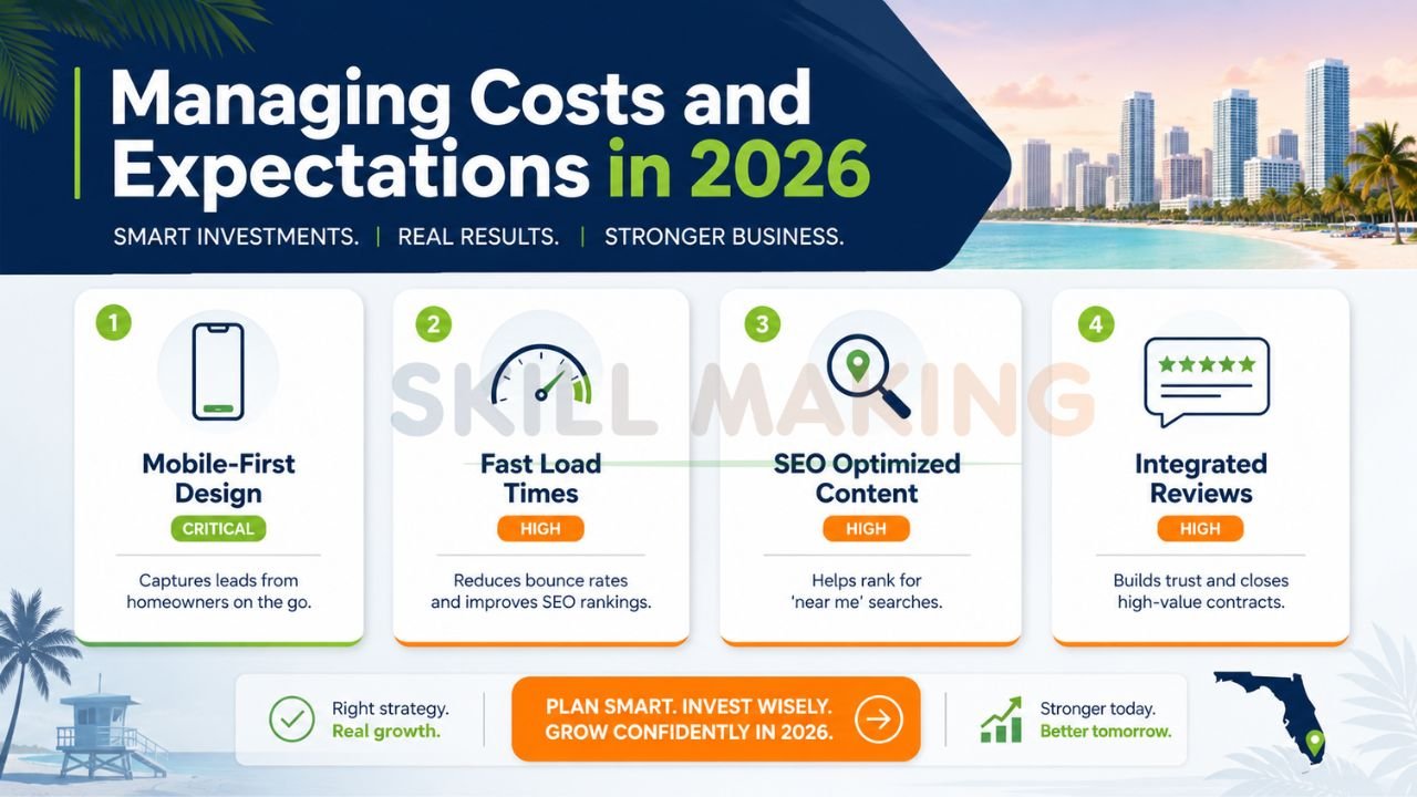 Contractor marketing investment infographic showing mobile-first design, fast load speed, SEO content, and reviews