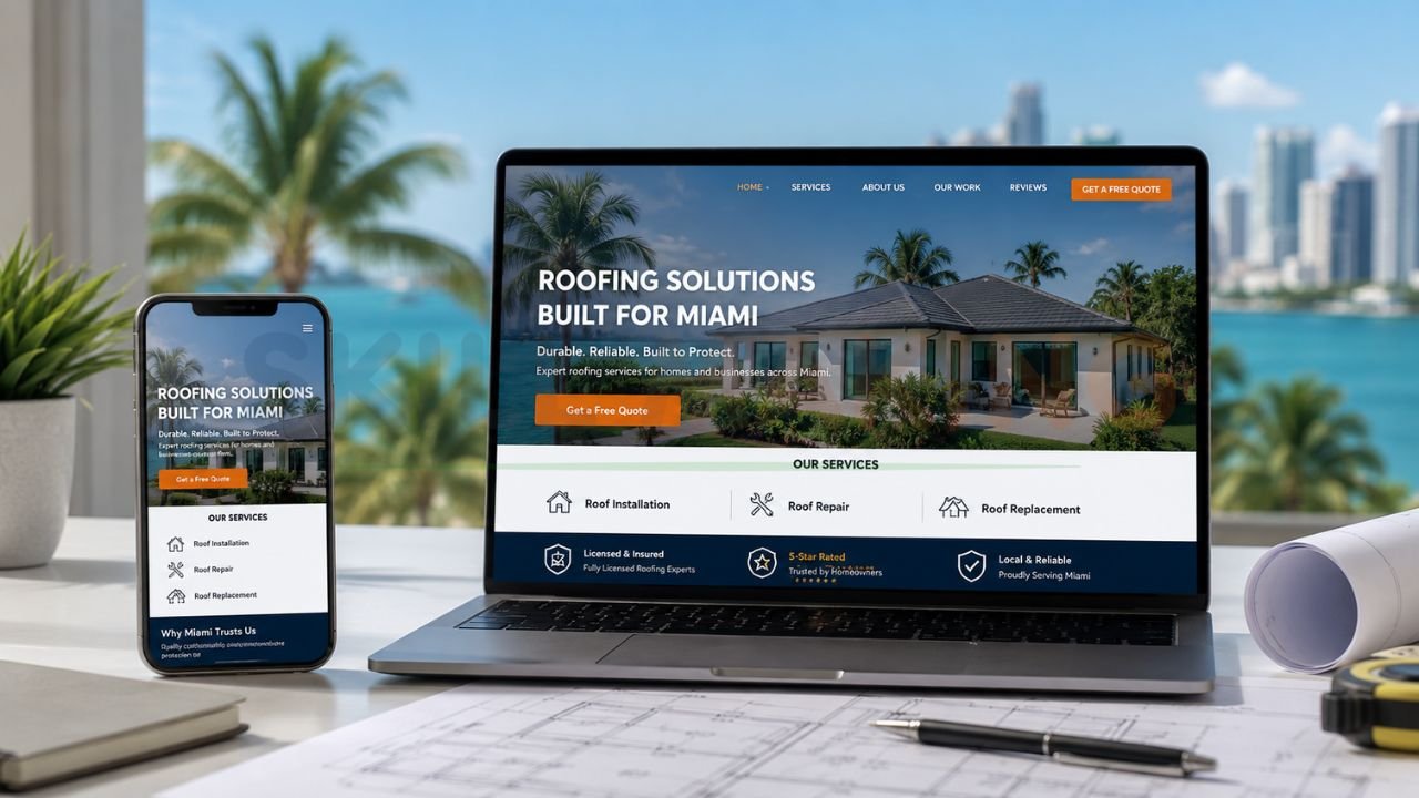 Responsive roofing contractor website design in Miami displayed on laptop and mobile device with roofing services, local SEO, and lead generation features