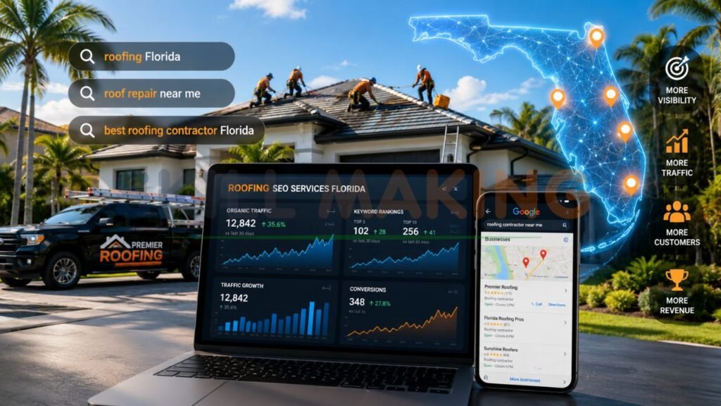 Florida roofing SEO services infographic showing local keyword rankings, Google Maps optimization, traffic growth, and lead generation for roofing contractors
