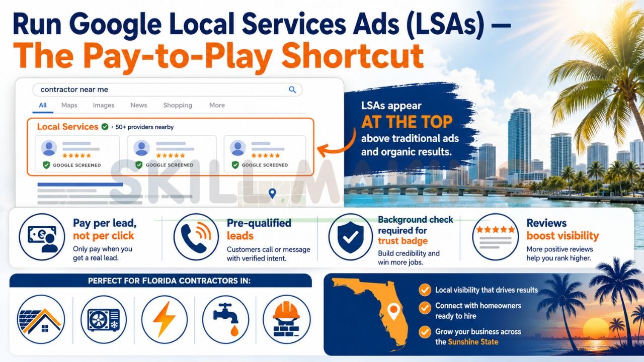 Google Local Services Ads for Florida contractors showing pay per lead advertising pre qualified leads Google screened badge and review benefits