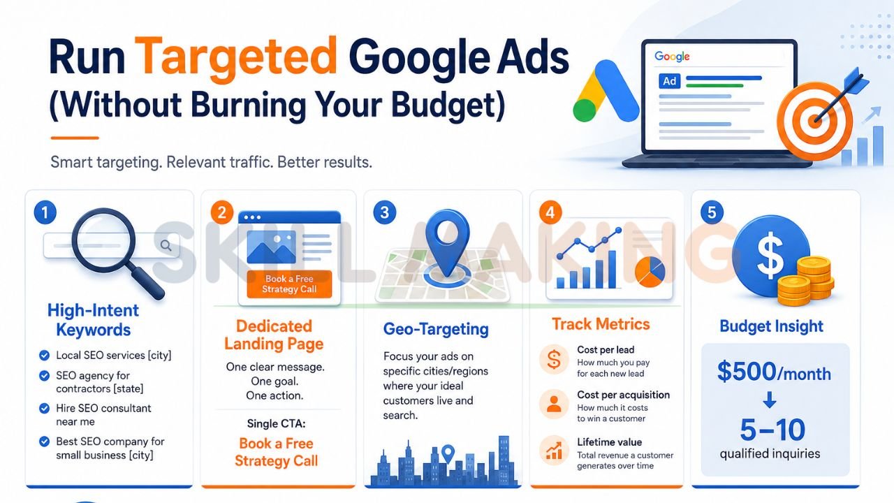 targeted Google Ads strategy showing high intent keywords landing pages geo targeting ad metrics and budget optimization for lead generation