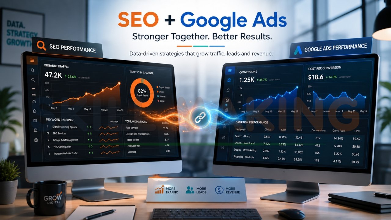 SEO and Google Ads performance dashboards showing increased traffic, leads, and conversions