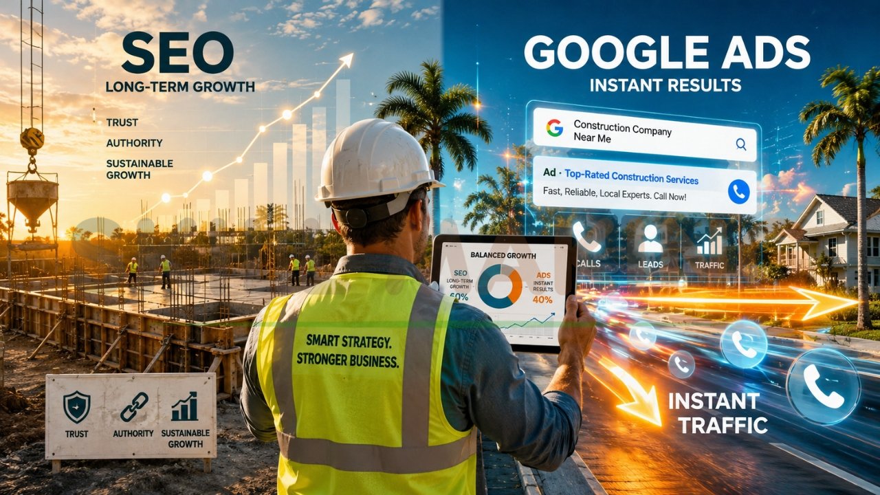 SEO vs Google Ads comparison for contractors showing long-term organic growth versus instant paid traffic and leads