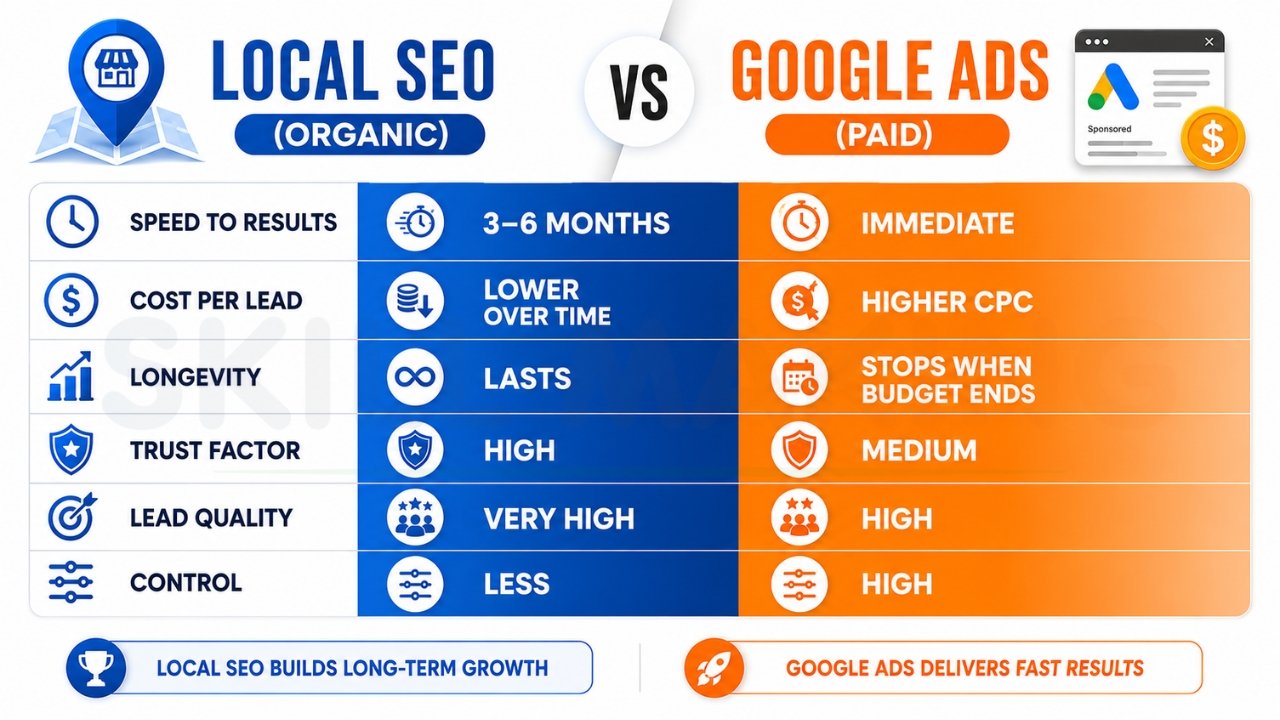 Local SEO vs Google Ads comparison chart showing organic long-term growth versus instant paid advertising results for contractors