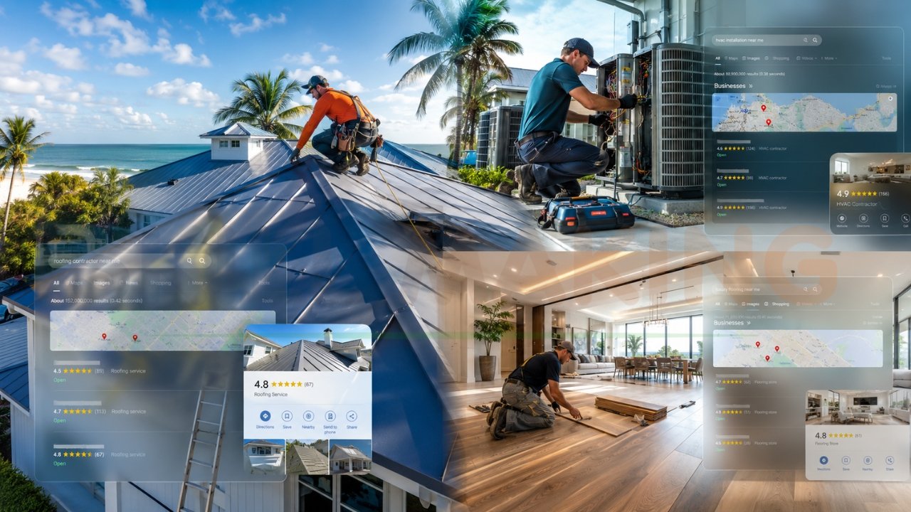 Collage of roofing, HVAC, and flooring contractors with Google local search results and customer review listings for home services