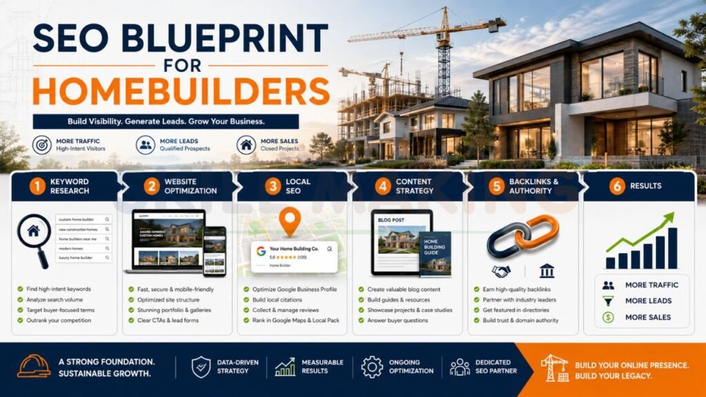SEO blueprint infographic for home builders showing keyword research, local SEO, website optimization, backlinks, and content marketing strategies
