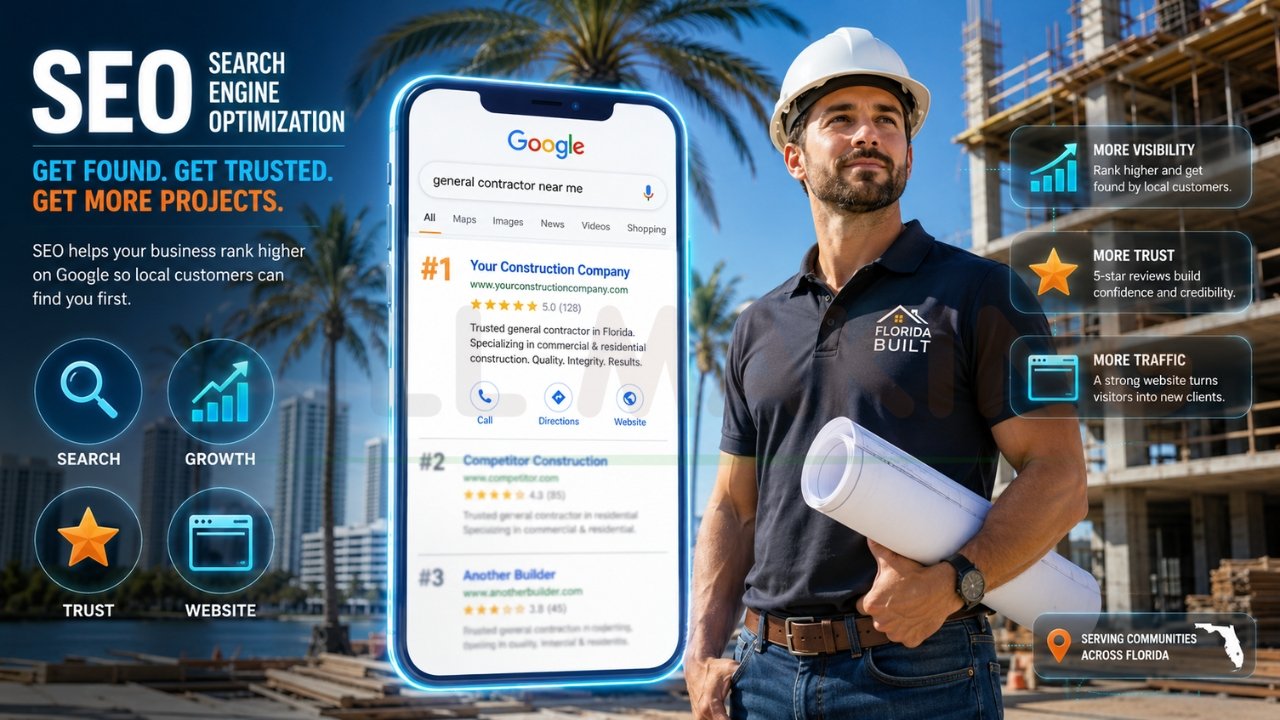 SEO marketing graphic for construction companies showing a contractor beside a Google search ranking result on a smartphone with SEO benefits like visibility, trust, and traffic growth.