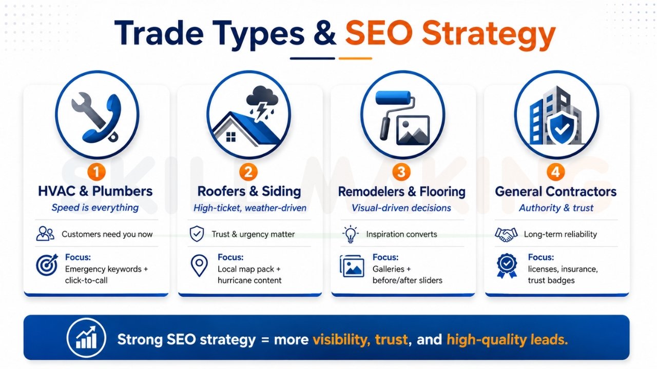 Trade types and SEO strategy infographic for contractors showing SEO focus areas for HVAC, plumbers, roofers, remodelers, flooring companies, and general contractors.