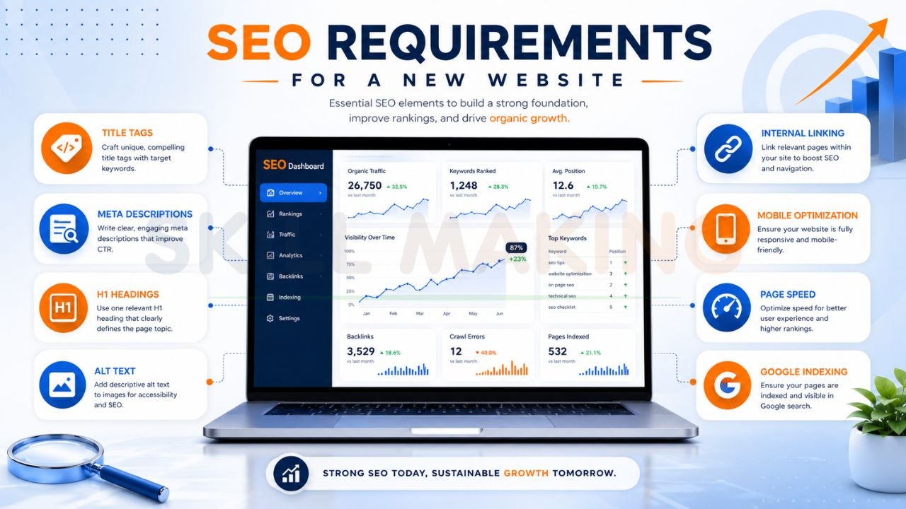 Infographic showing essential SEO requirements for a new website including title tags, meta descriptions, H1 headings, internal linking, mobile optimization, and page speed
