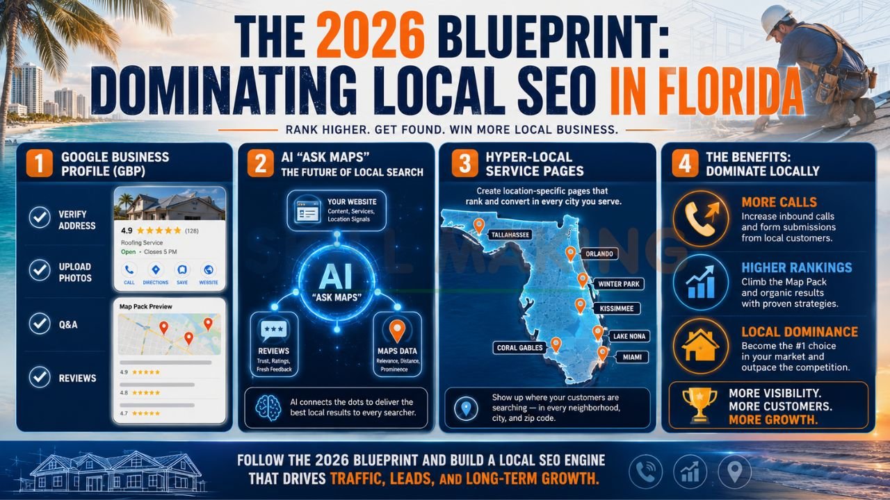 Local SEO blueprint infographic for Florida contractors featuring Google Business Profile optimization, AI search strategies, and hyper-local service pages.