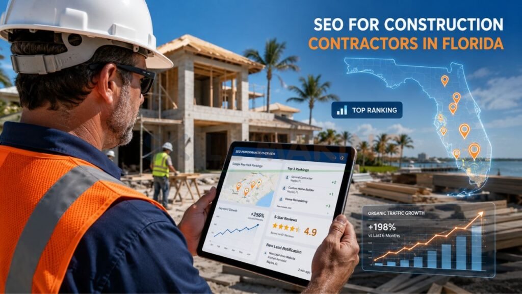Construction contractor reviewing SEO analytics and Google Maps rankings on tablet at active Florida construction site.