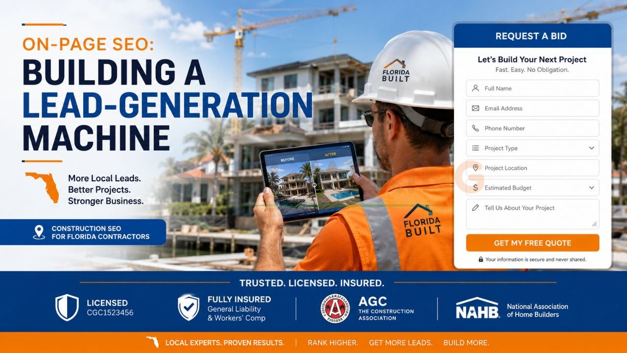 Florida construction contractor using tablet at job site with on-page SEO lead generation strategy and online project quote request form.