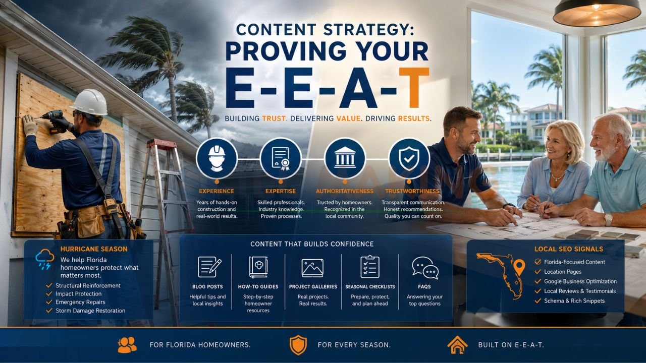 Construction contractor and homeowners discussing E-E-A-T content strategy with local SEO marketing and hurricane preparedness services in Florida.