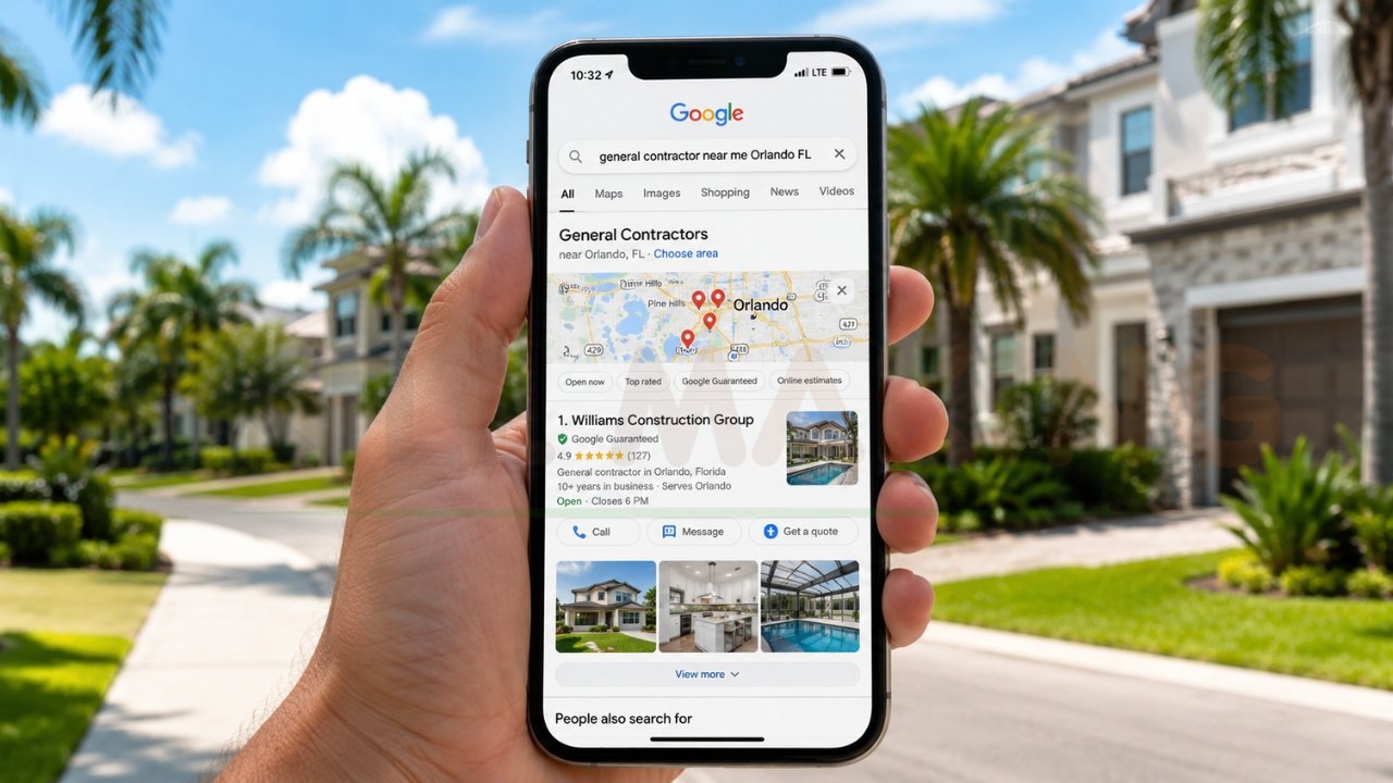 Google local search results for general contractors in Orlando Florida displayed on a smartphone in a residential neighborhood