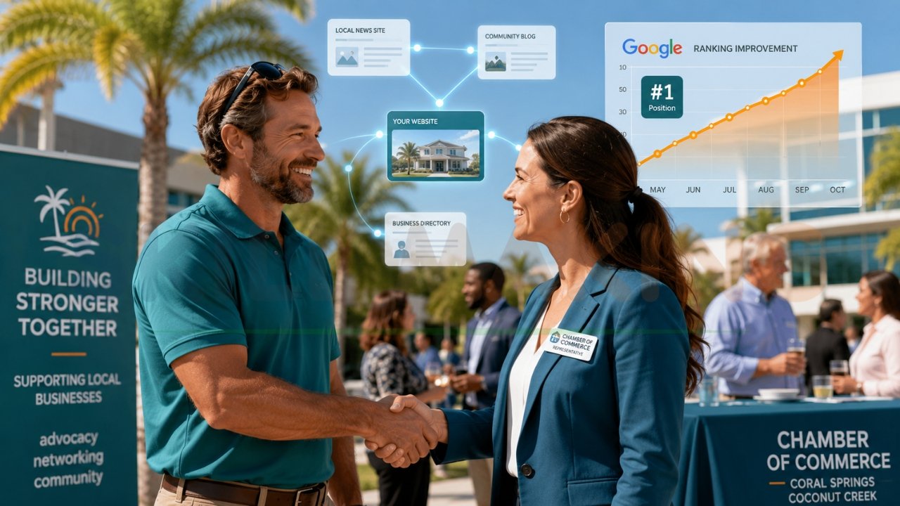 Local contractor networking with Chamber of Commerce representative to improve SEO rankings, backlinks, and community business visibility