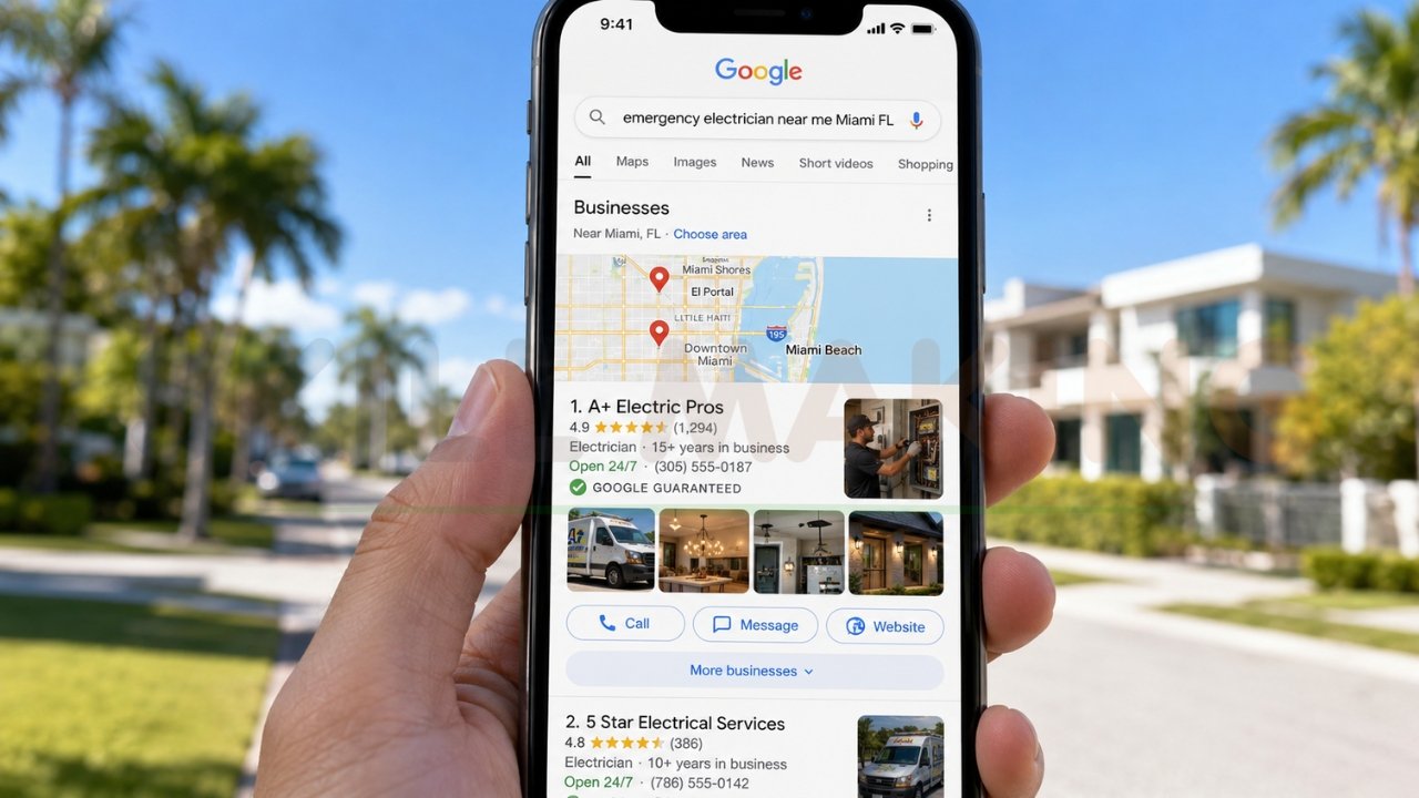 Google search results for emergency electricians in Miami FL displayed on a smartphone with local business listings